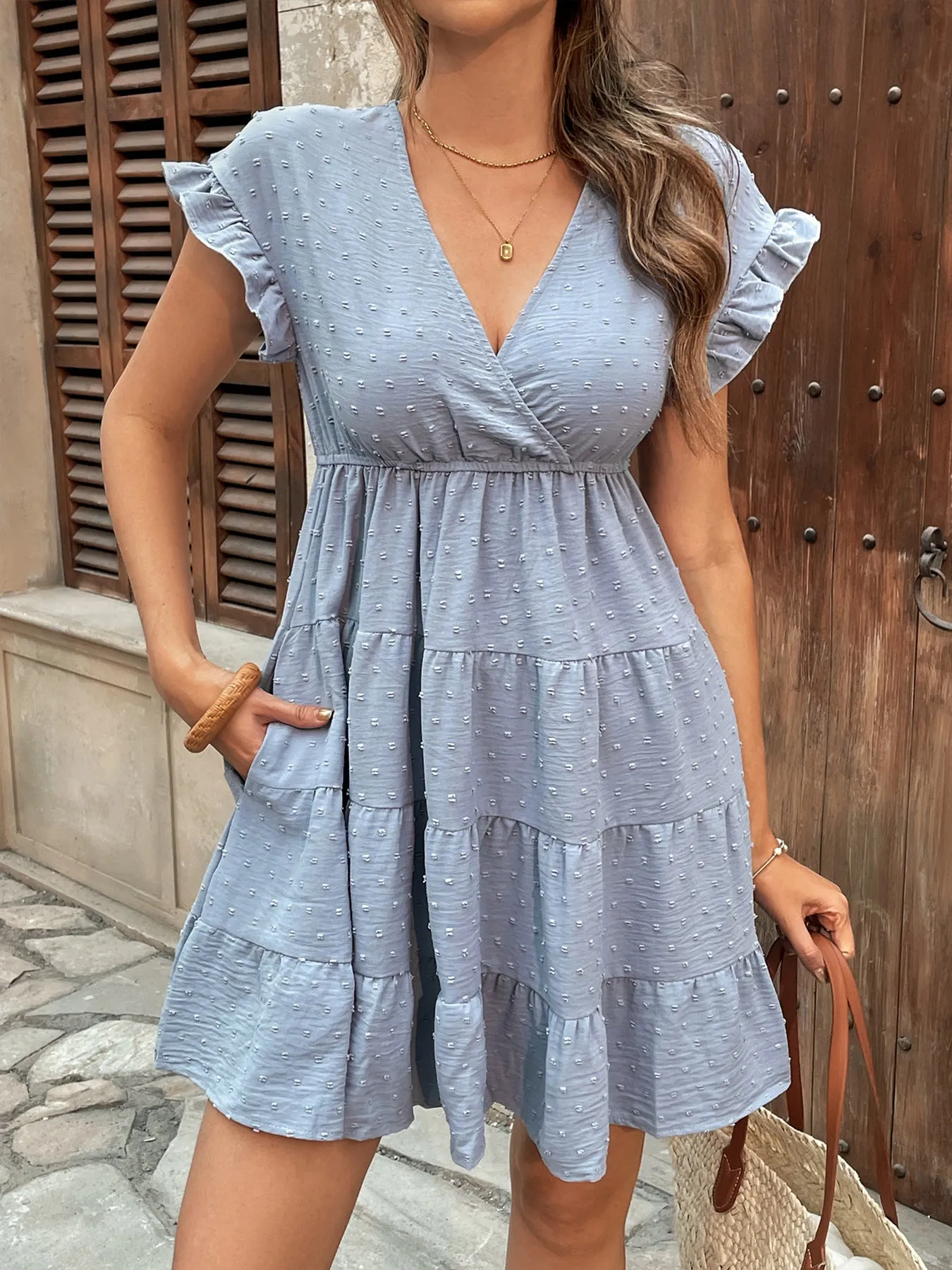 Ruffle Sleeve Babydoll Dress | V-Neck Tiered Mini Dress