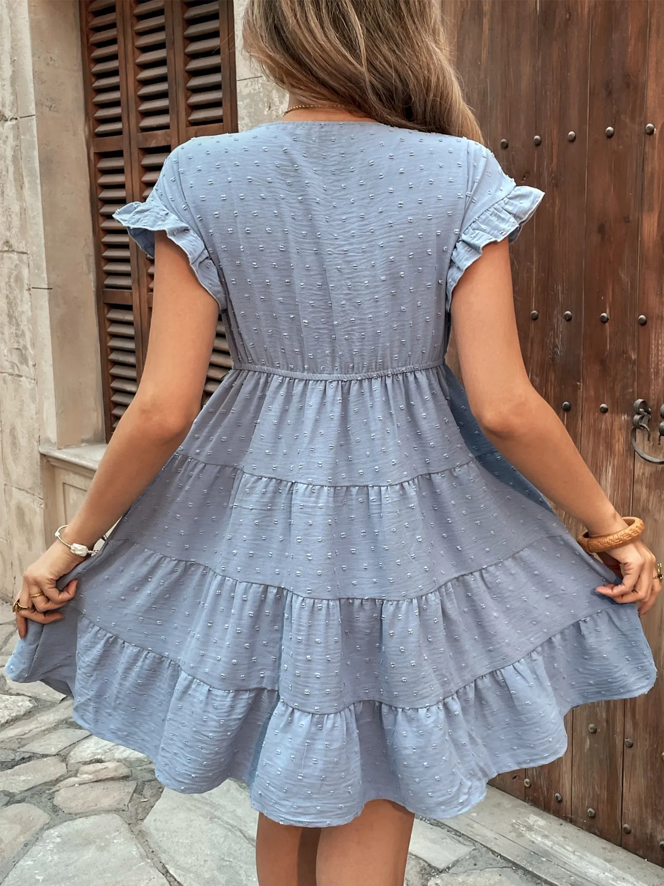 Ruffle Sleeve Babydoll Dress | V-Neck Tiered Mini Dress