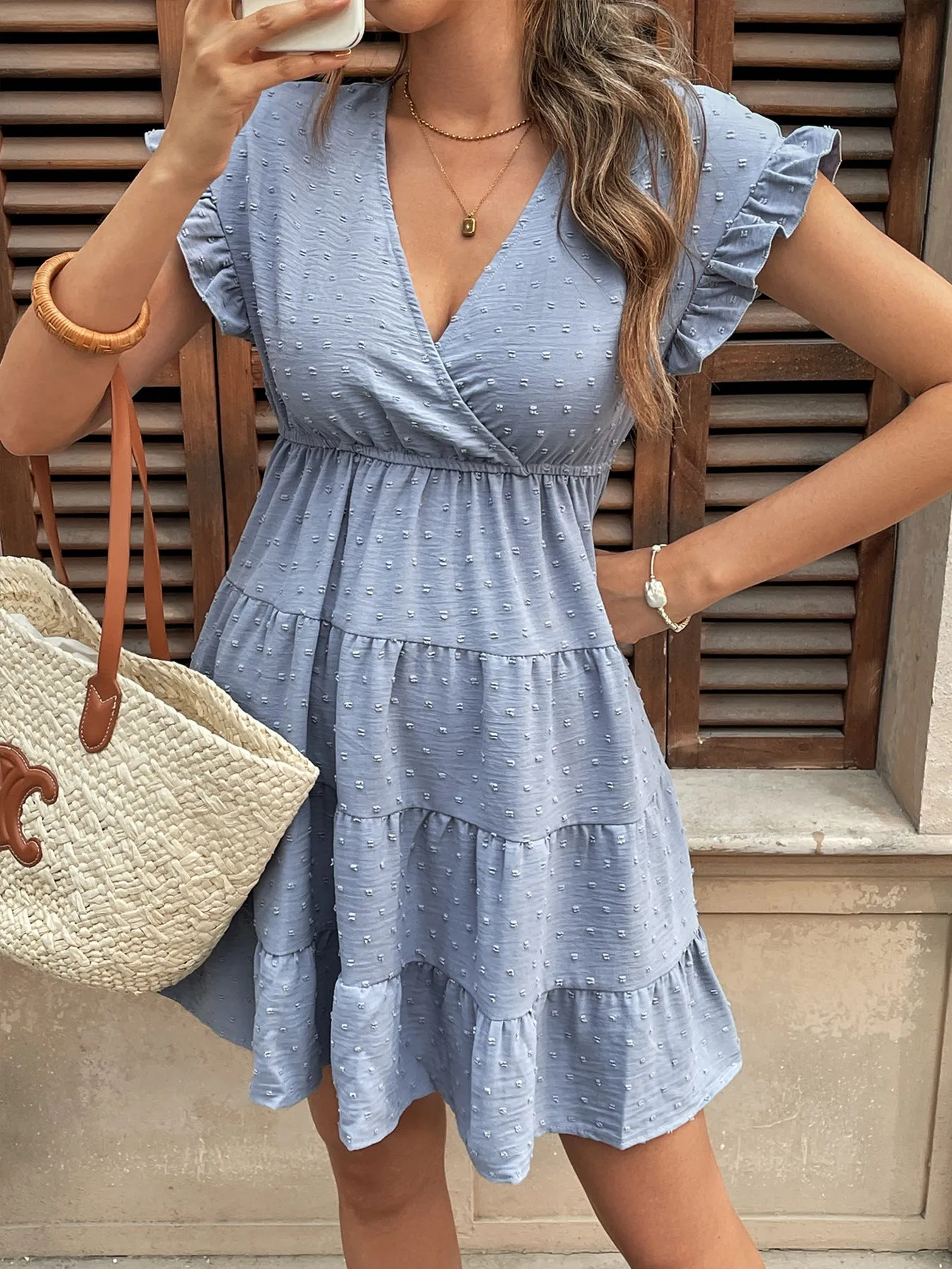 Ruffle Sleeve Babydoll Dress | V-Neck Tiered Mini Dress