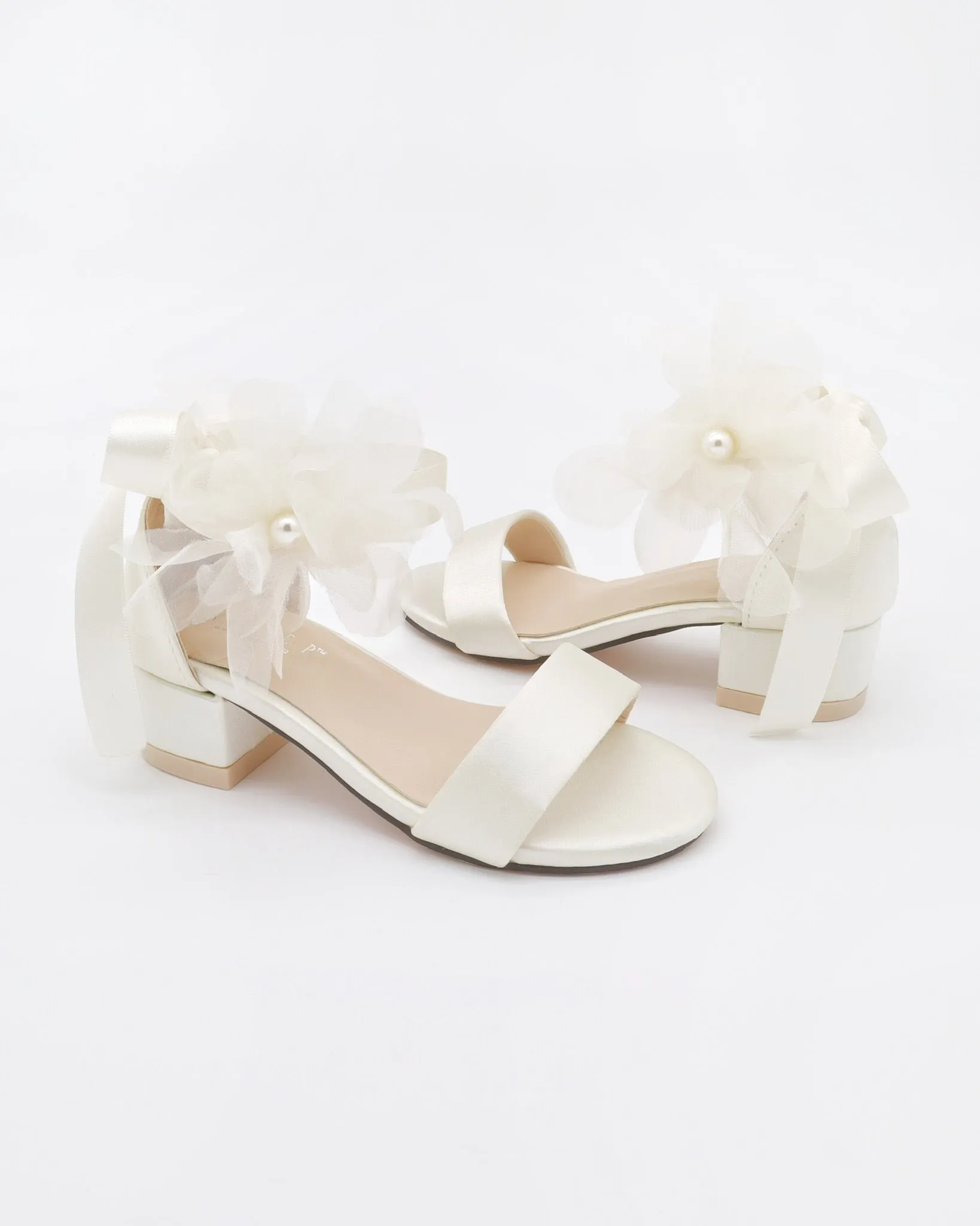Satin Block Heel Girls Sandals with Ophelia Flowers