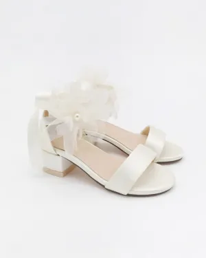 Satin Block Heel Girls Sandals with Ophelia Flowers