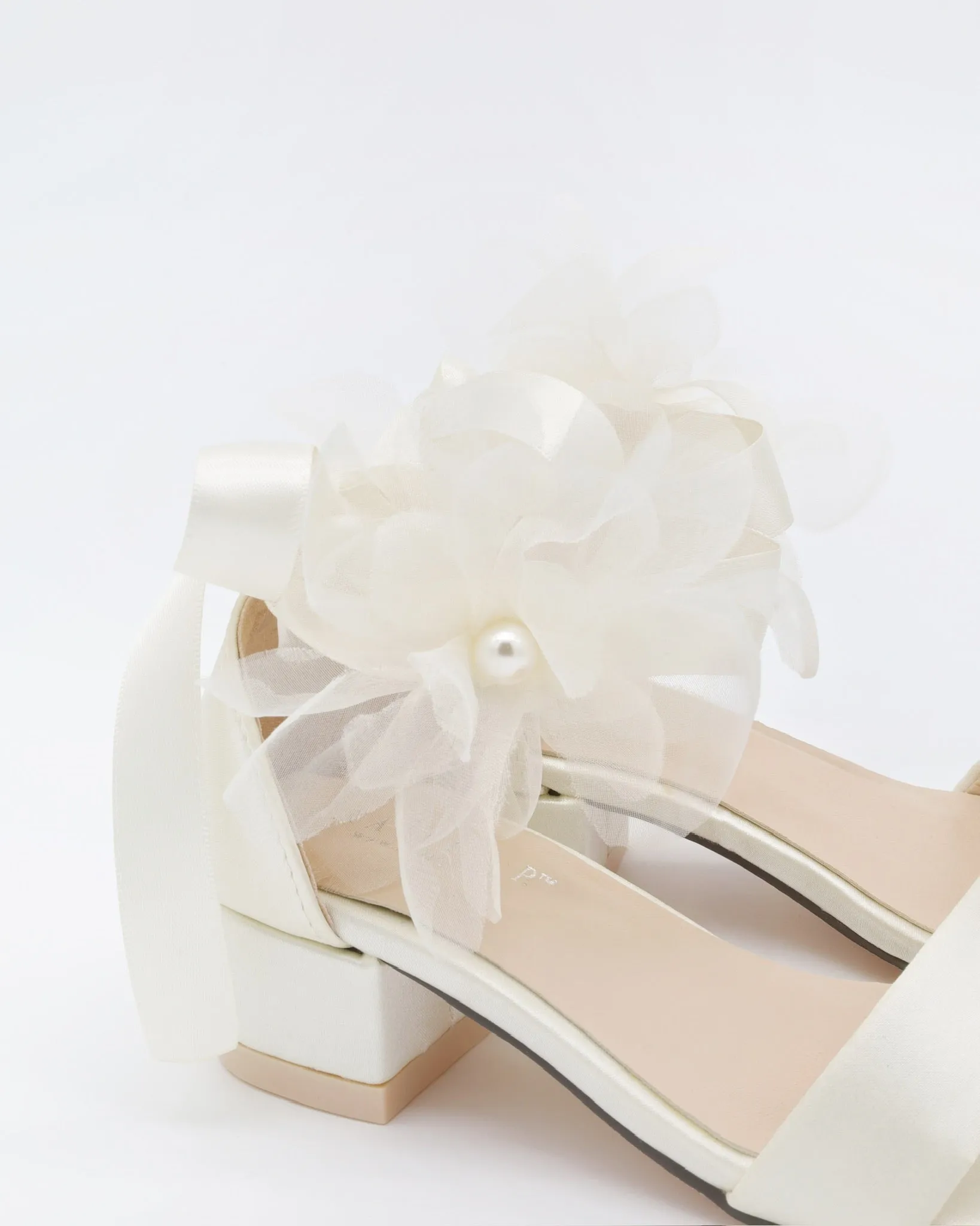 Satin Block Heel Girls Sandals with Ophelia Flowers