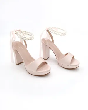 Satin Platform Block Heel Wedding Sandals with Double Pearls Ankle Strap