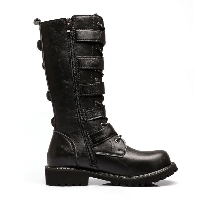 Side Buckle Fastening Low Block Heel Calf-Length Soft Footbed Leather Boots