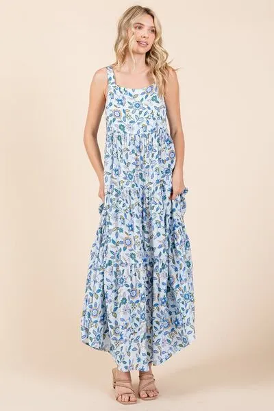 Sky Blue Flower Print Tiered Sleeveless Empire Maxi Dress