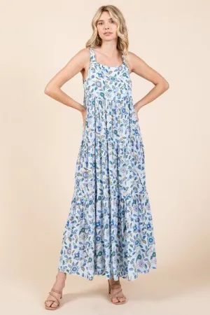 Sky Blue Flower Print Tiered Sleeveless Empire Maxi Dress