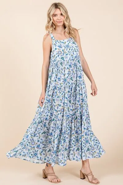 Sky Blue Flower Print Tiered Sleeveless Empire Maxi Dress