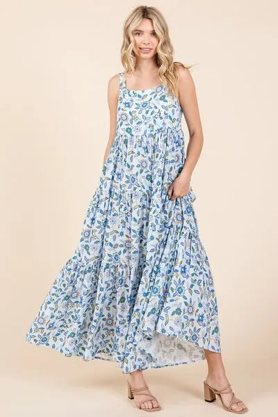 Sky Blue Flower Print Tiered Sleeveless Empire Maxi Dress