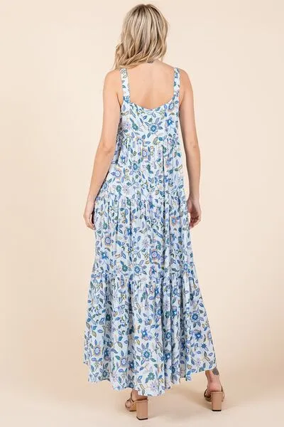 Sky Blue Flower Print Tiered Sleeveless Empire Maxi Dress