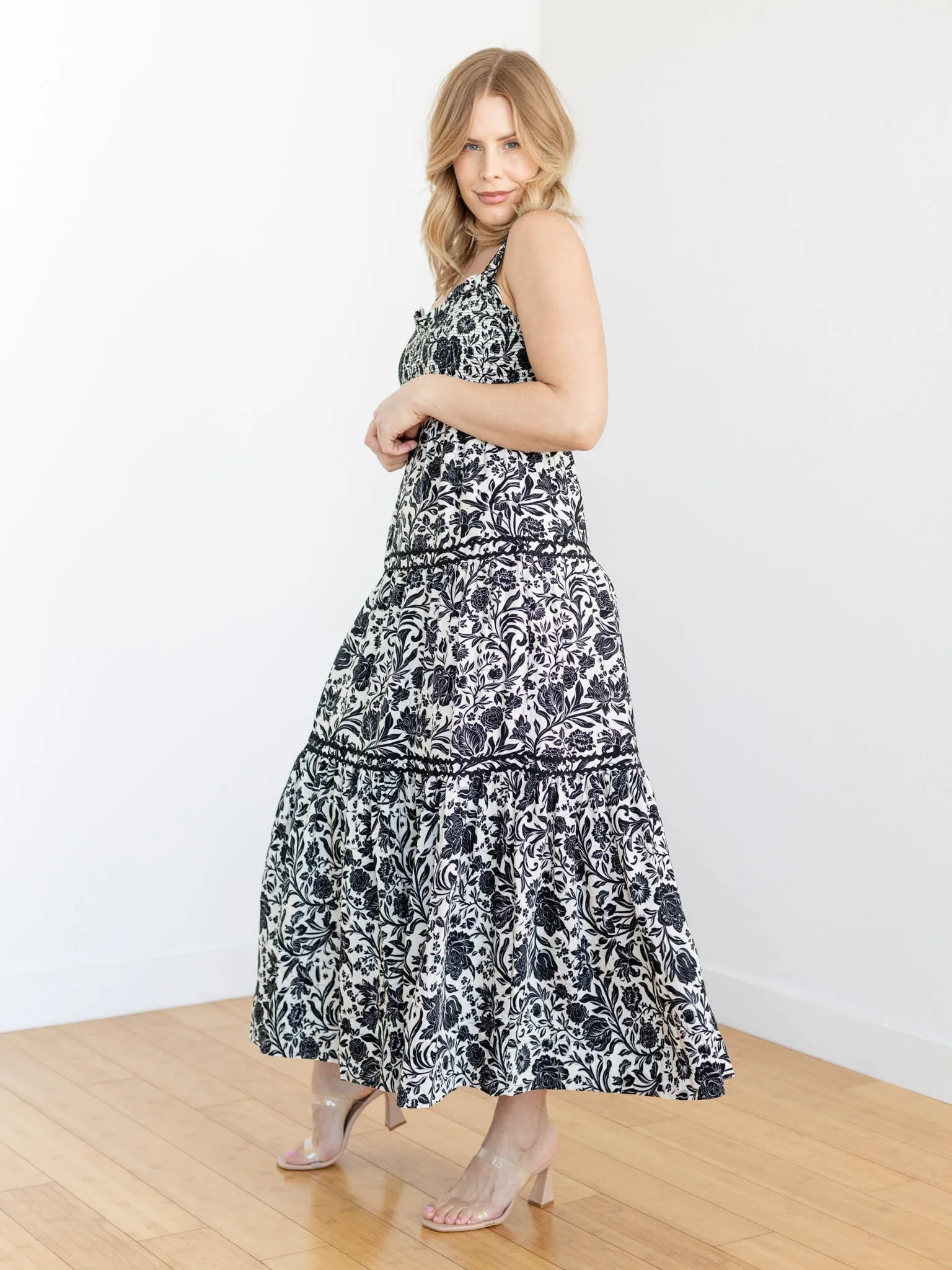 Sleeveless Smocked Ric Rac Trim Maxi Dress