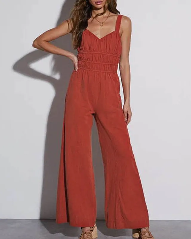 Smocked Wide Leg Jumpsuit | Sleeveless V-Neck Romper
