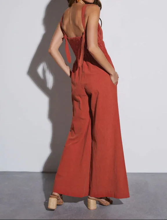 Smocked Wide Leg Jumpsuit | Sleeveless V-Neck Romper