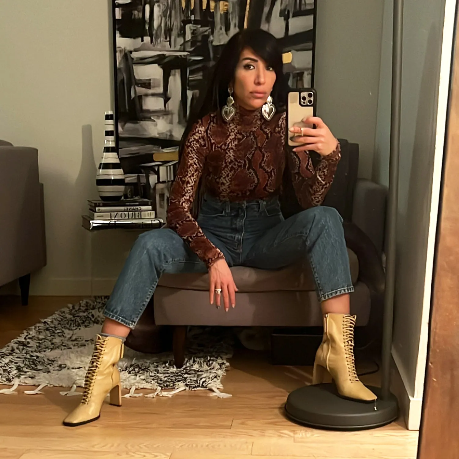 Snake-Print Mesh Bodysuit in Brown