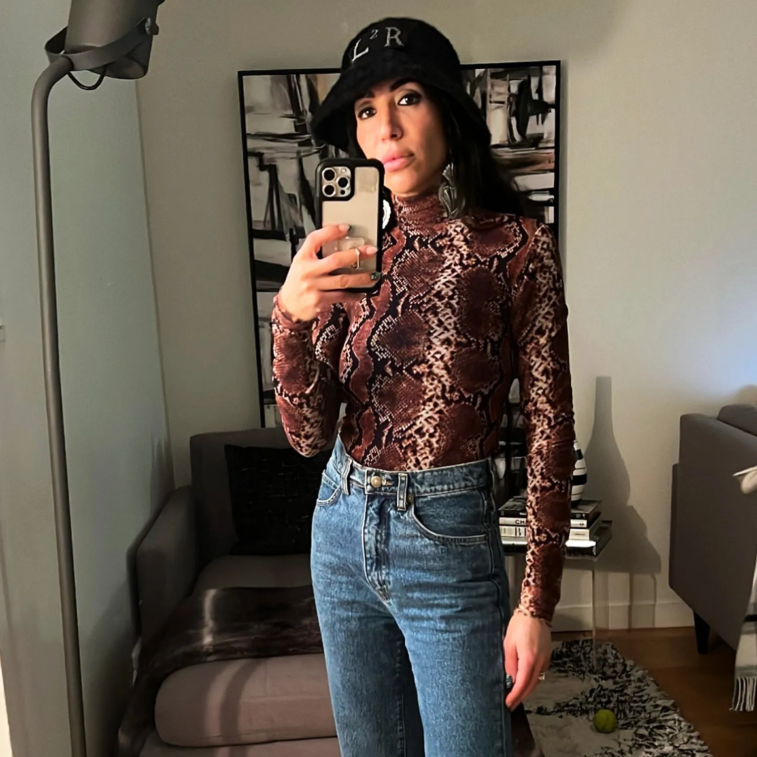 Snake-Print Mesh Bodysuit in Brown
