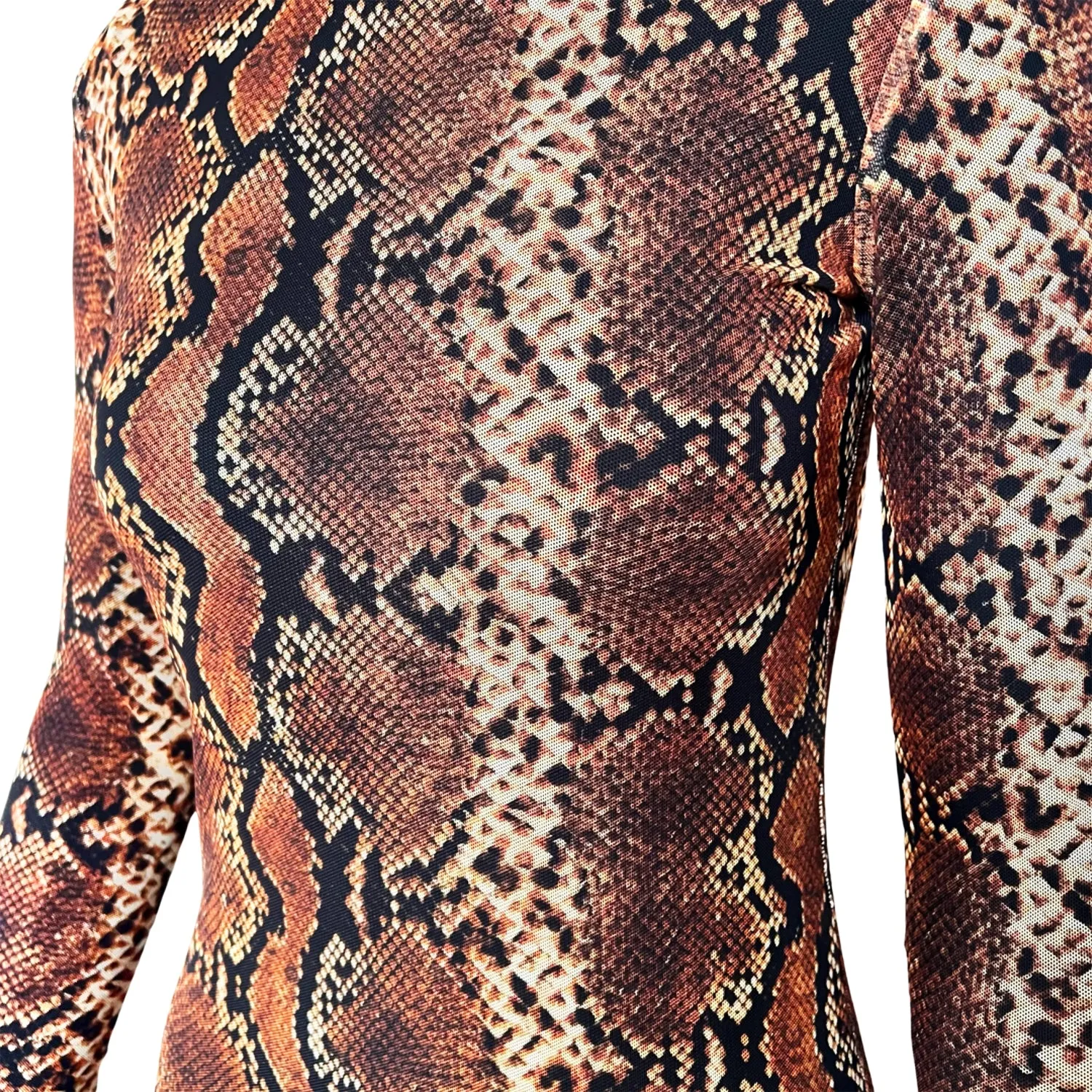 Snake-Print Mesh Bodysuit in Brown