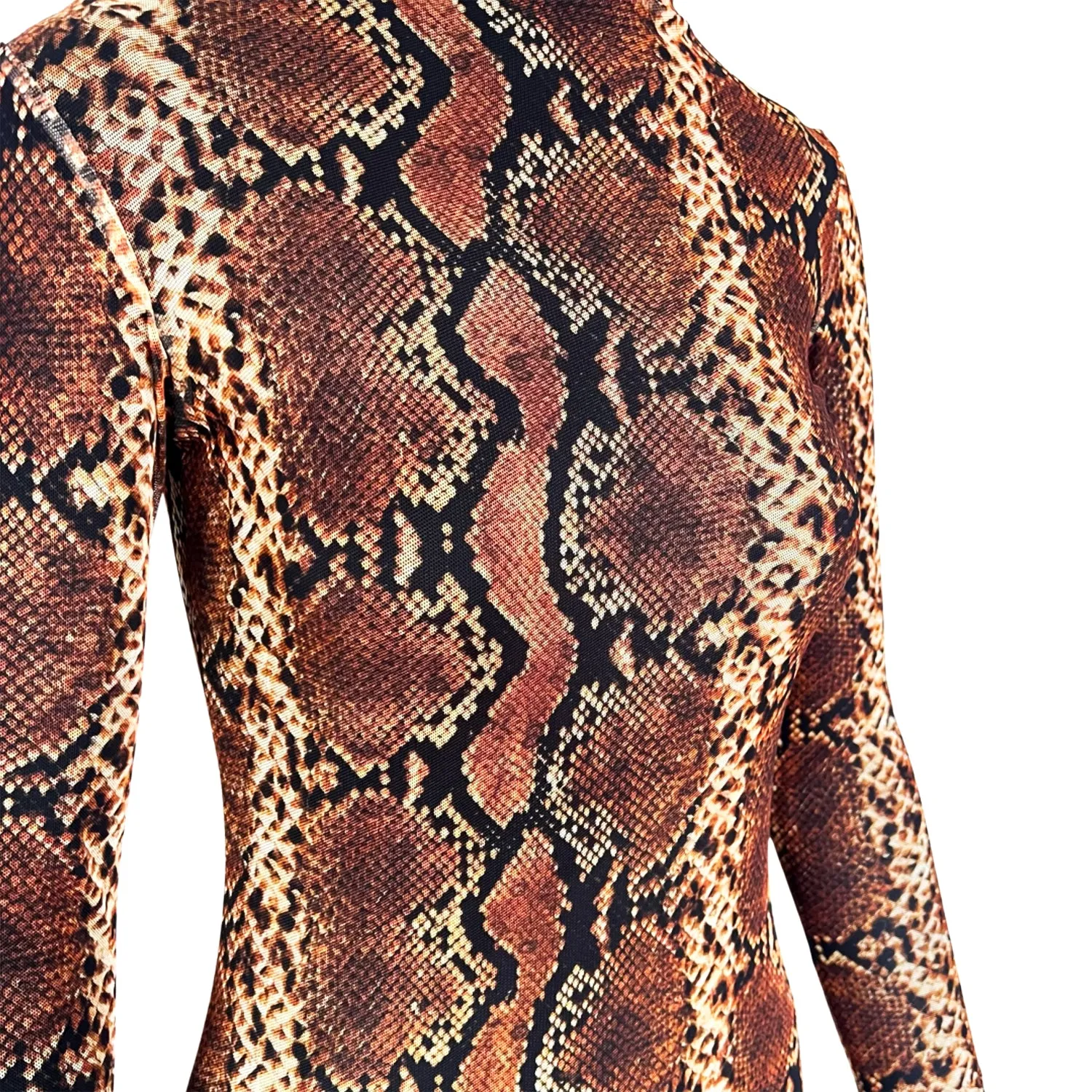 Snake-Print Mesh Bodysuit in Brown