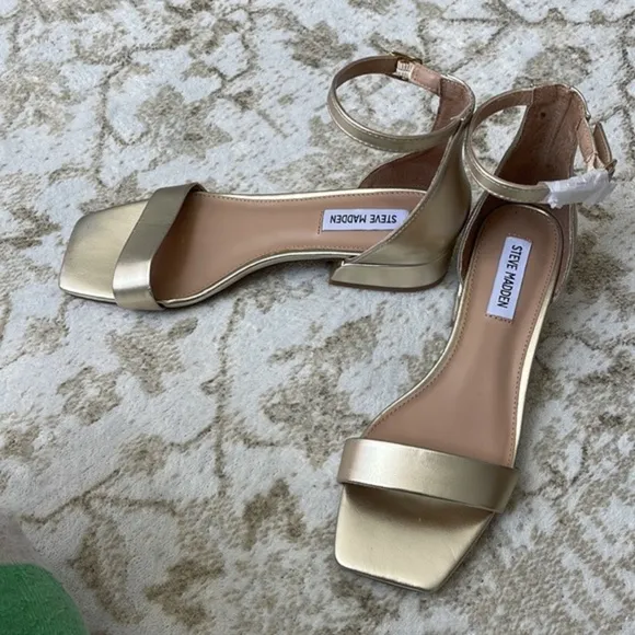 Steve Madden kitten heel square toe sandals in gold.