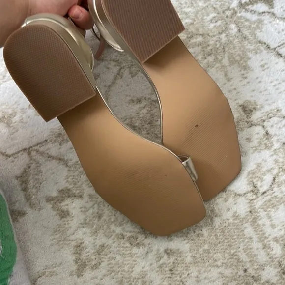 Steve Madden kitten heel square toe sandals in gold.