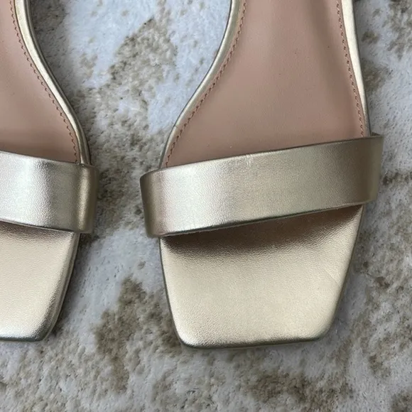Steve Madden kitten heel square toe sandals in gold.