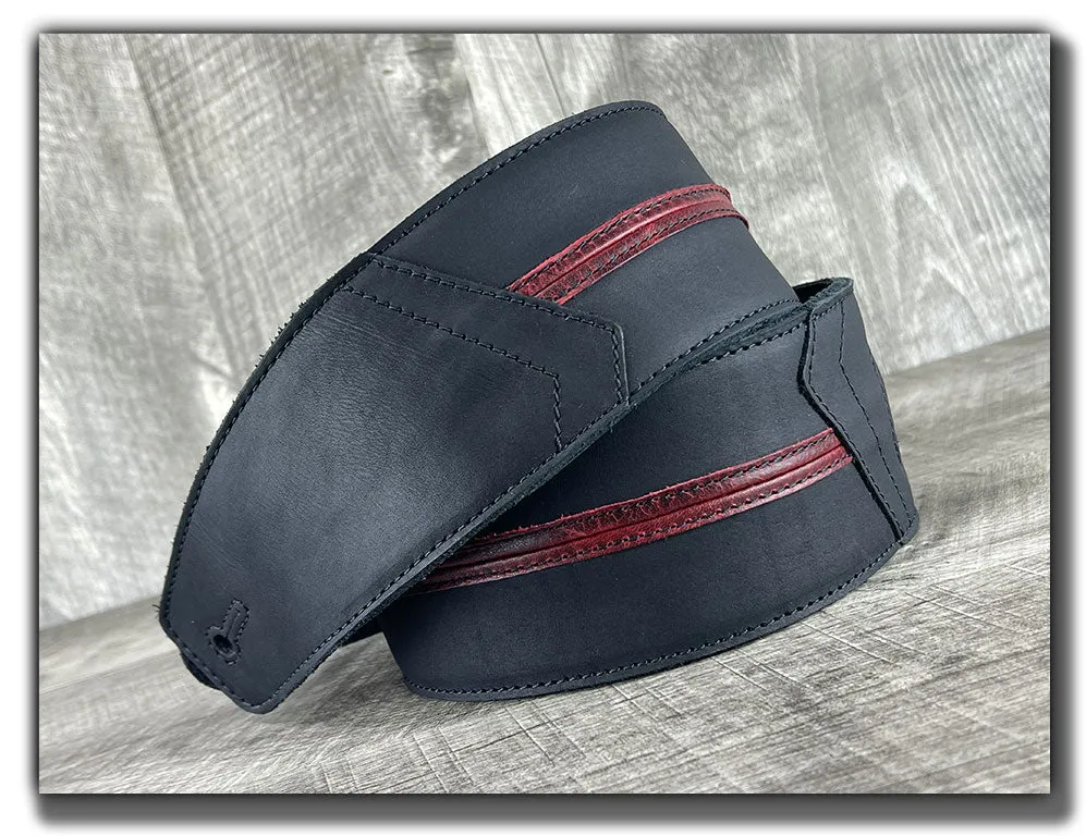 Straight Up - Carbon Black with Red Stripe Leather Guitar Strap