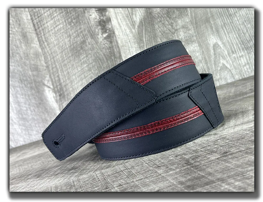 Straight Up - Carbon Black with Red Stripe Leather Guitar Strap