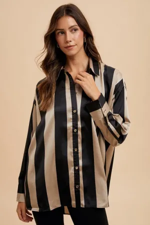 Striped Relaxed Fit Button-Up Shirt with Dropped Shoulders For Women – Classic Timeless Long Sleeve Collared Top for Any Occasion