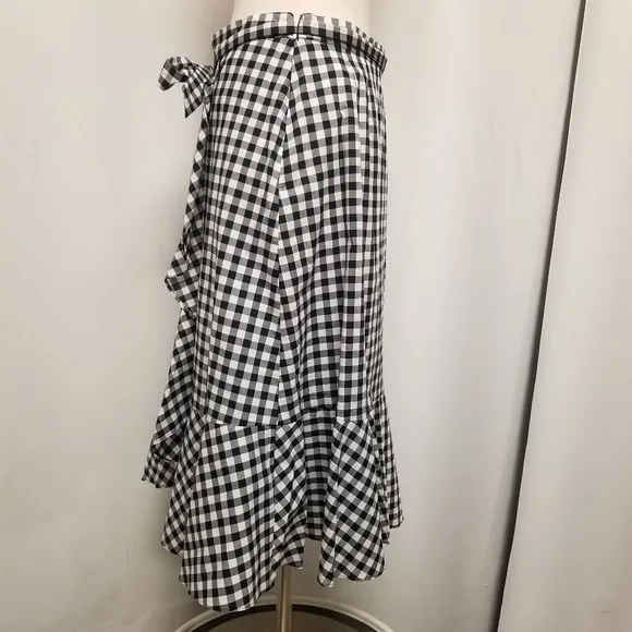 Talbots Black and White Gingham Ruffle Tie-Front Midi Skirt Woman's 4