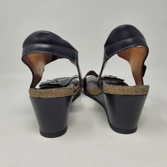 Taos Sandals Womens EU42 US11 Black Leather Buckle Up Wedge Comfort