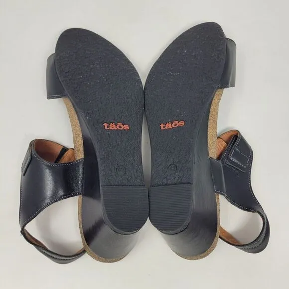 Taos Sandals Womens EU42 US11 Black Leather Buckle Up Wedge Comfort