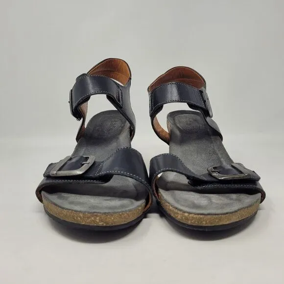 Taos Sandals Womens EU42 US11 Black Leather Buckle Up Wedge Comfort