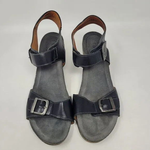 Taos Sandals Womens EU42 US11 Black Leather Buckle Up Wedge Comfort