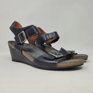 Taos Sandals Womens EU42 US11 Black Leather Buckle Up Wedge Comfort