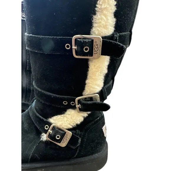 UGG Girls Black Mid Calf Fur Lined Boots Size 4 With Buckles &amp; Zipper Closure SK