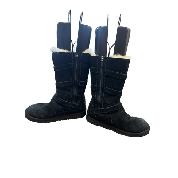 UGG Girls Black Mid Calf Fur Lined Boots Size 4 With Buckles &amp; Zipper Closure SK