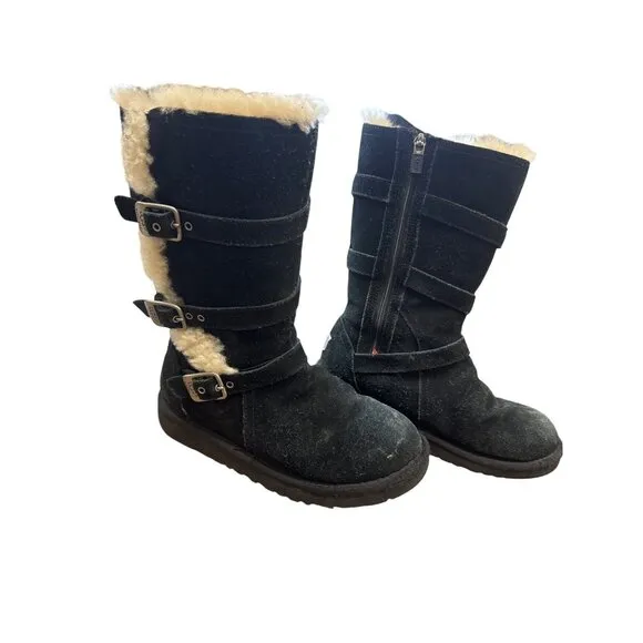 UGG Girls Black Mid Calf Fur Lined Boots Size 4 With Buckles &amp; Zipper Closure SK