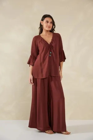 V-Neck Ruched Top - Brown