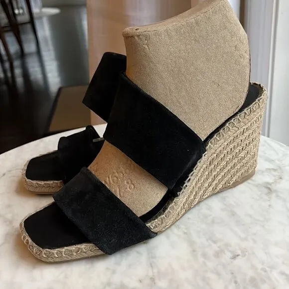 VINCE Black Jute Wrapped Asymmetrical Garlin Wedge Slip On Sandals, 8.5, NWOB