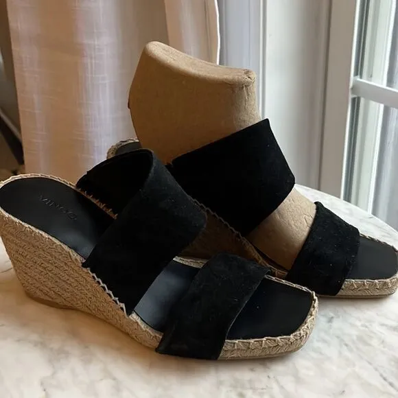 VINCE Black Jute Wrapped Asymmetrical Garlin Wedge Slip On Sandals, 8.5, NWOB