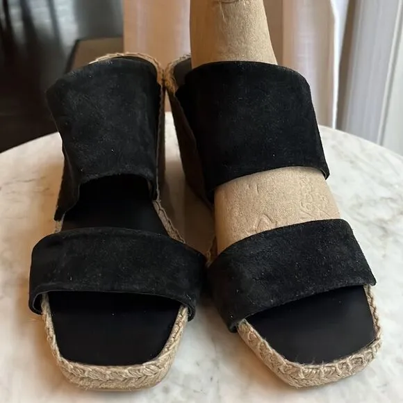 VINCE Black Jute Wrapped Asymmetrical Garlin Wedge Slip On Sandals, 8.5, NWOB