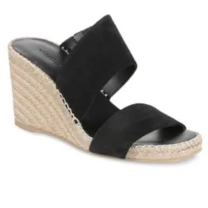 VINCE Black Jute Wrapped Asymmetrical Garlin Wedge Slip On Sandals, 8.5, NWOB
