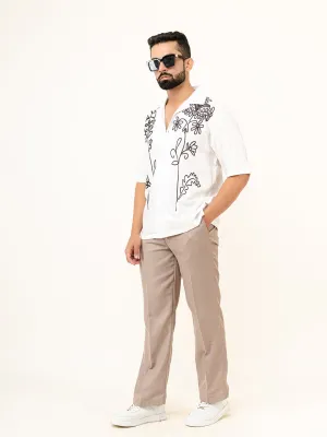 White Cuban Collar Abstract Placement Print Oversized Shirt