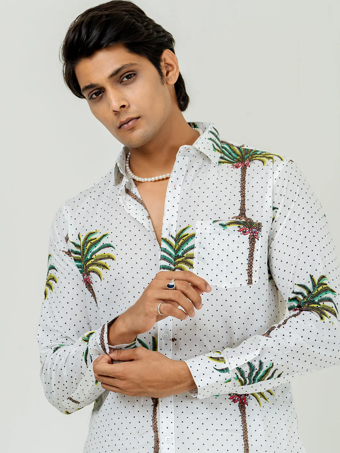 White Full Sleeve Tree Printed Shirt For Men