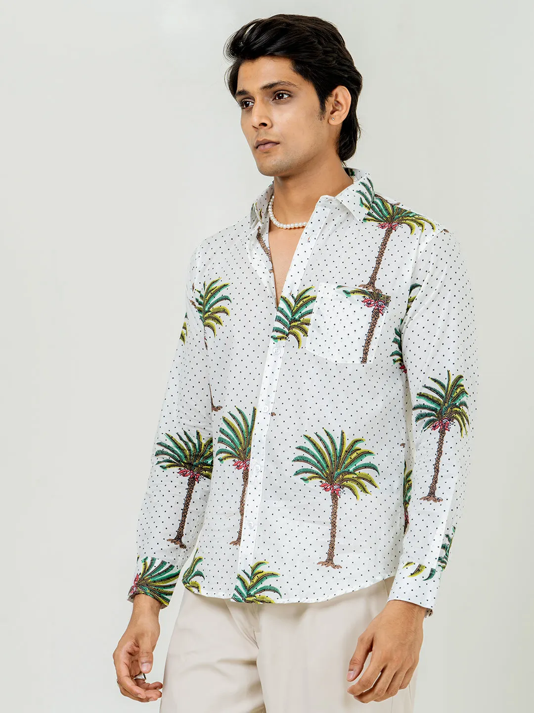 White Full Sleeve Tree Printed Shirt For Men
