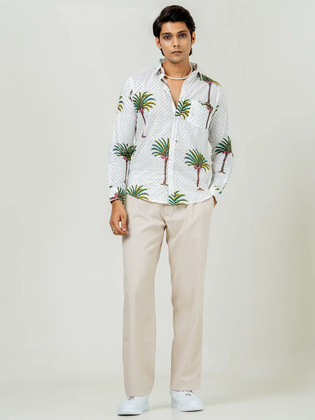 White Full Sleeve Tree Printed Shirt For Men