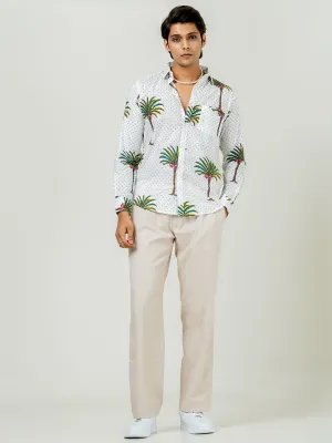 White Full Sleeve Tree Printed Shirt For Men