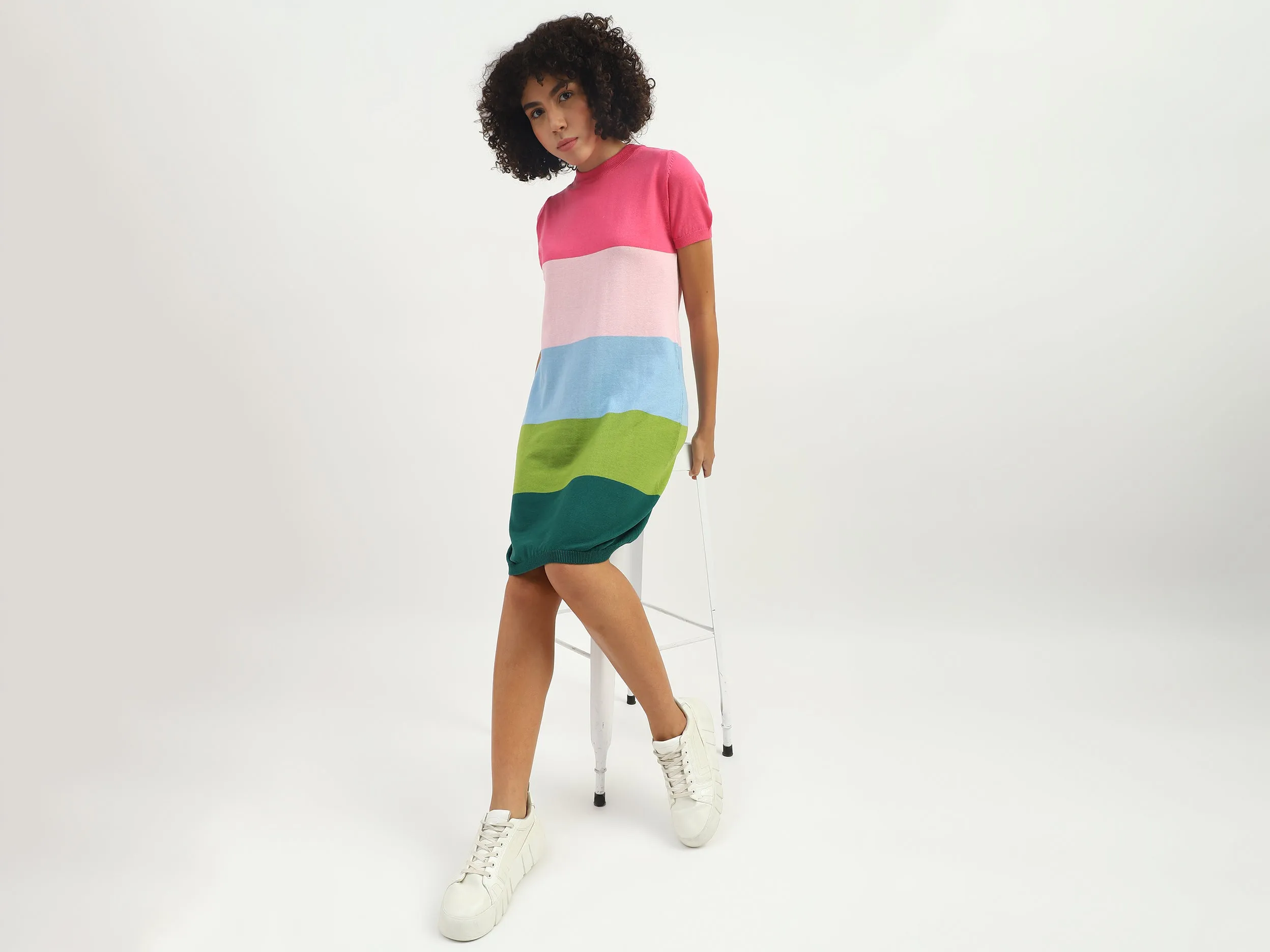 Women Colorblock Round Neck Dress