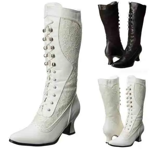Women's Bridal Lace Boots Stacked Low Heeled Wedding Boots