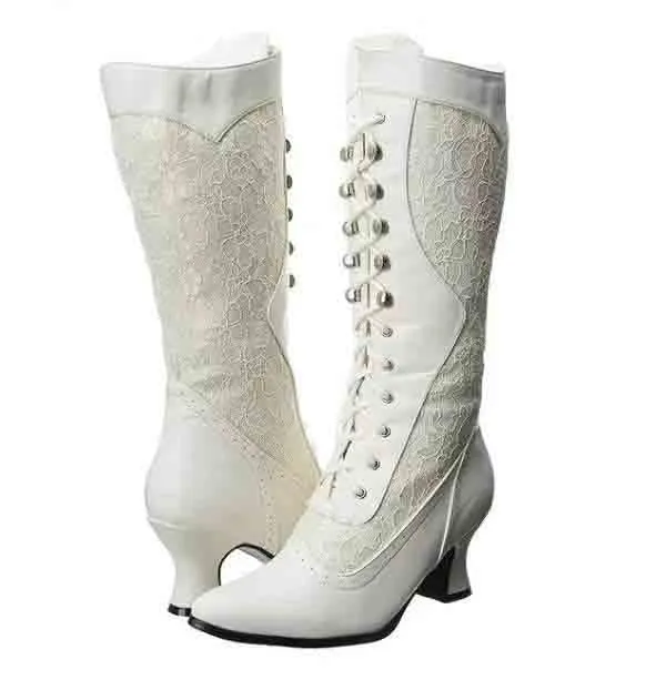 Women's Bridal Lace Boots Stacked Low Heeled Wedding Boots