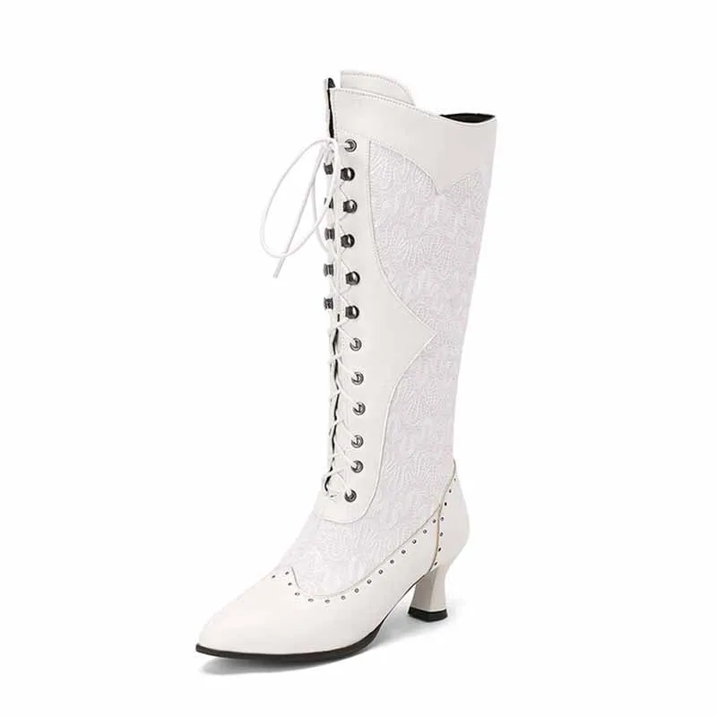 Women's Bridal Lace Boots Stacked Low Heeled Wedding Boots