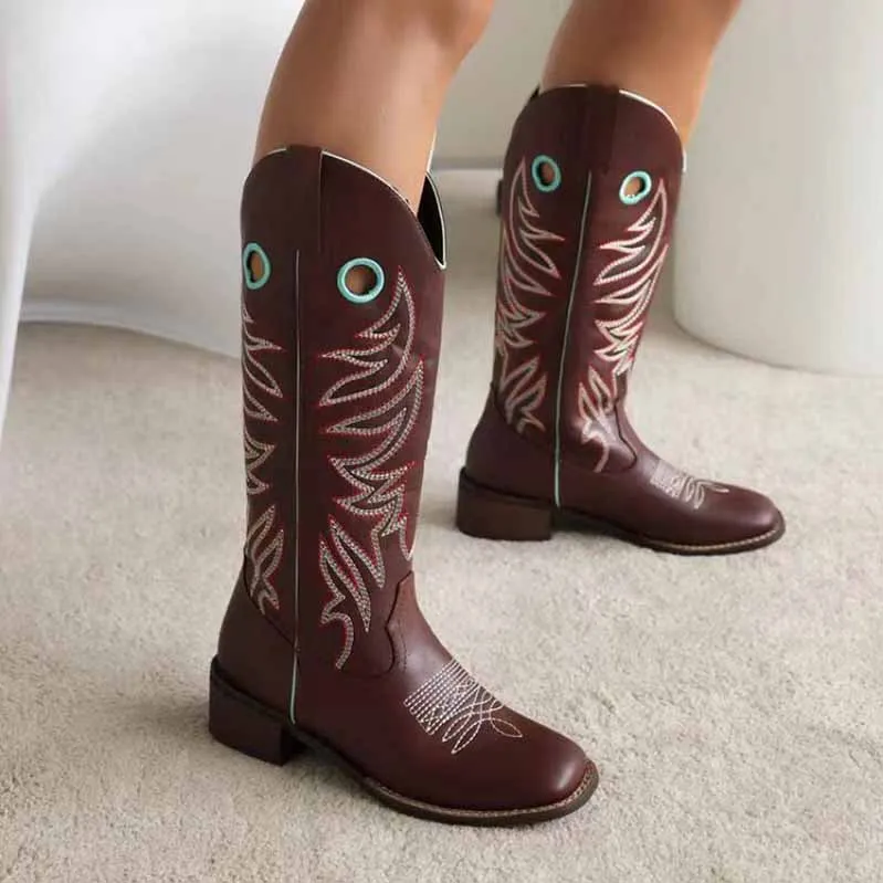 Women's Embroidered Squared Toe Western Medieval Retro Cowboy Boots
